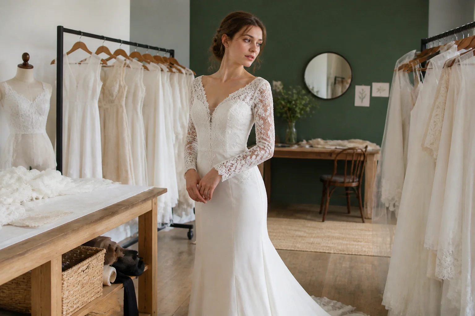 Robe de mariée dans un atelier de confection — illustration générée par IA
