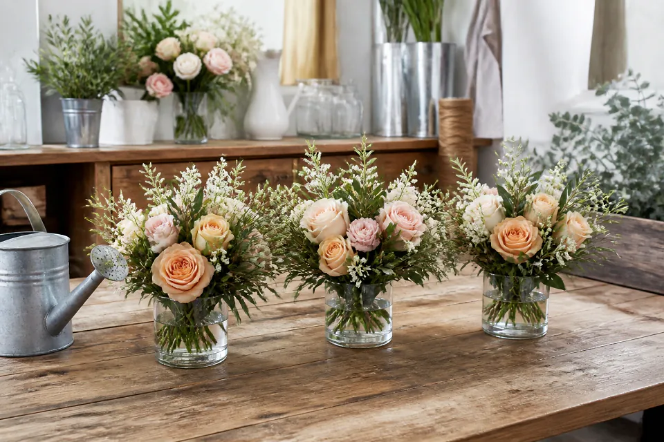 Préparation florale pour un mariage — illustration générée par IA