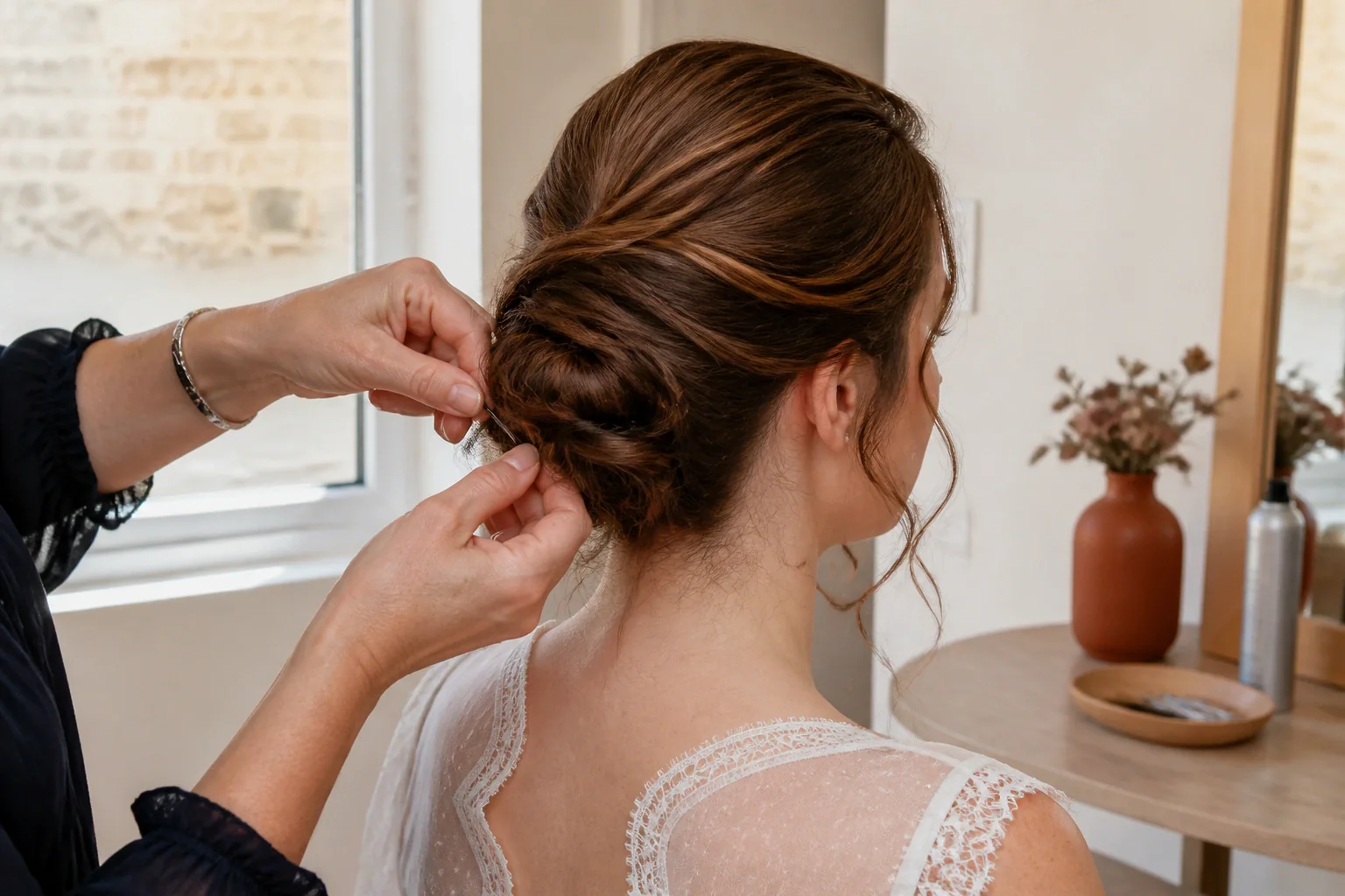 Coiffure de cérémonie vue pendant la préparation — illustration générée par IA