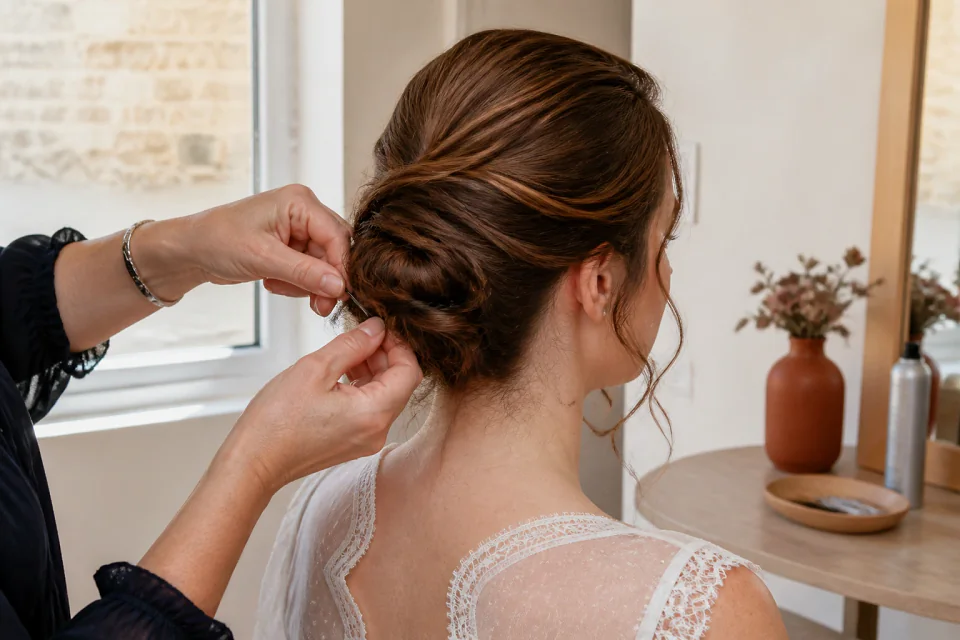 Coiffure de cérémonie vue pendant la préparation — illustration générée par IA
