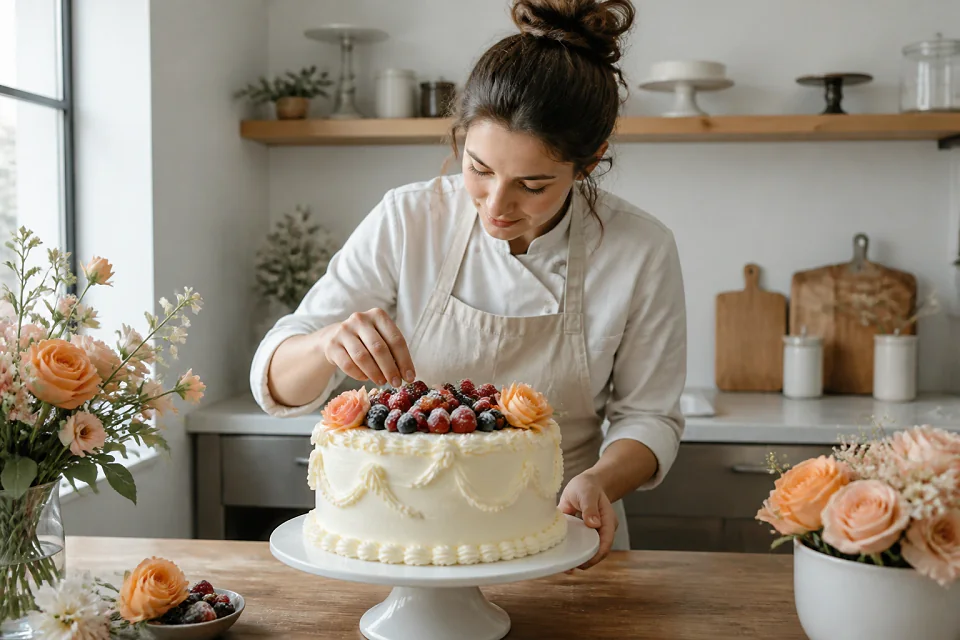 Gâteau de mariage préparé dans un atelier — illustration générée par IA