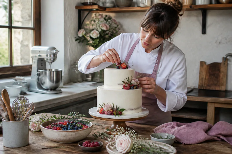 Gâteau de mariage préparé dans un atelier — illustration générée par IA