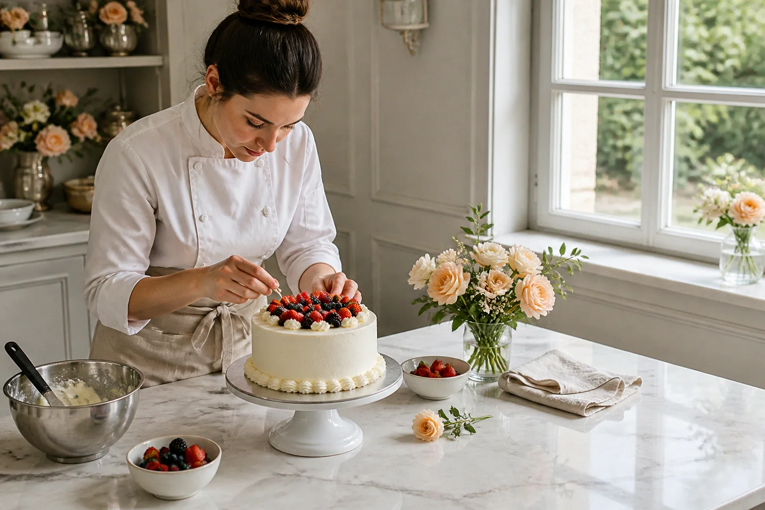 Gâteau de mariage préparé dans un atelier — illustration générée par IA