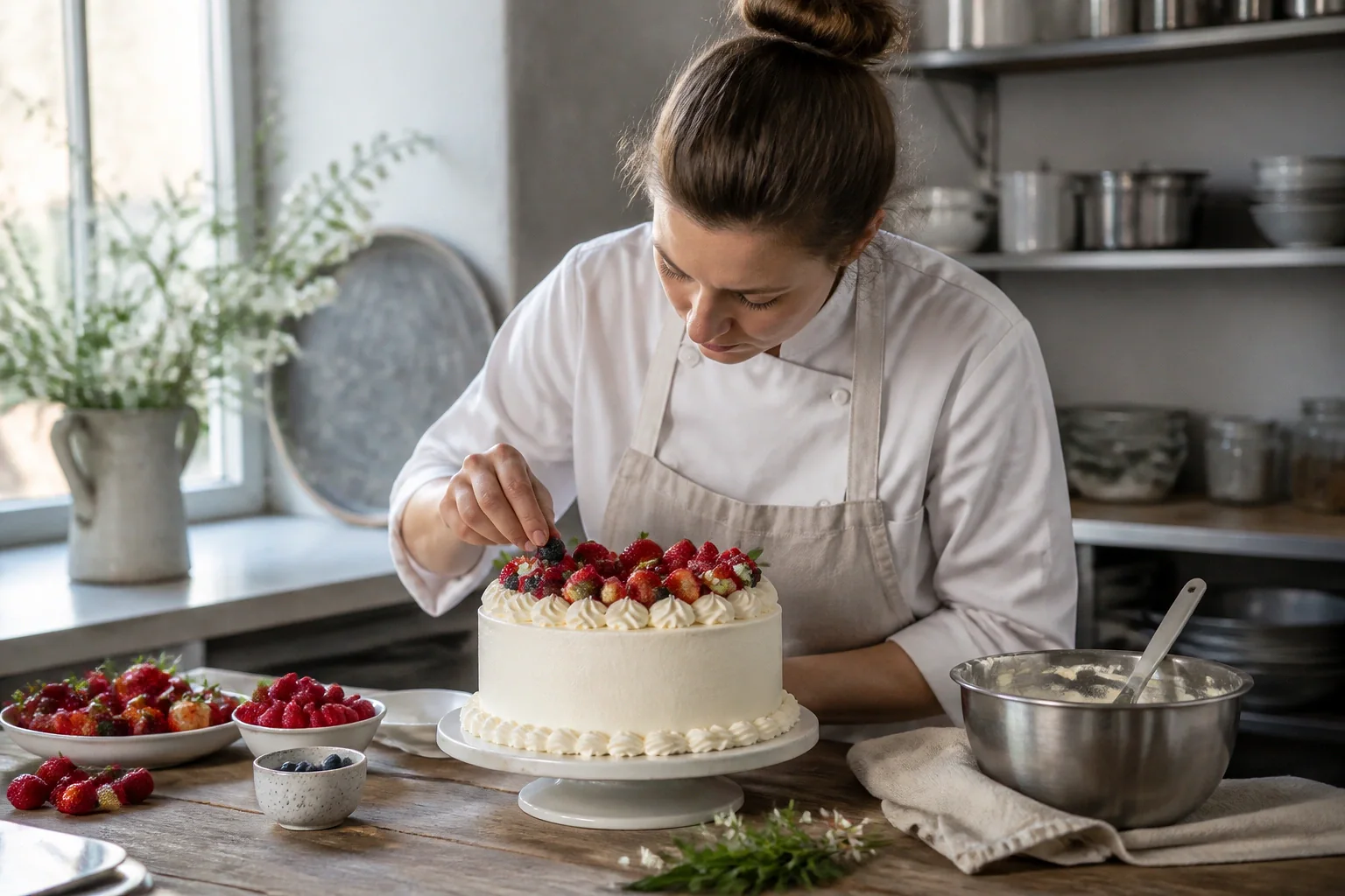 Gâteau de mariage préparé dans un atelier — illustration générée par IA