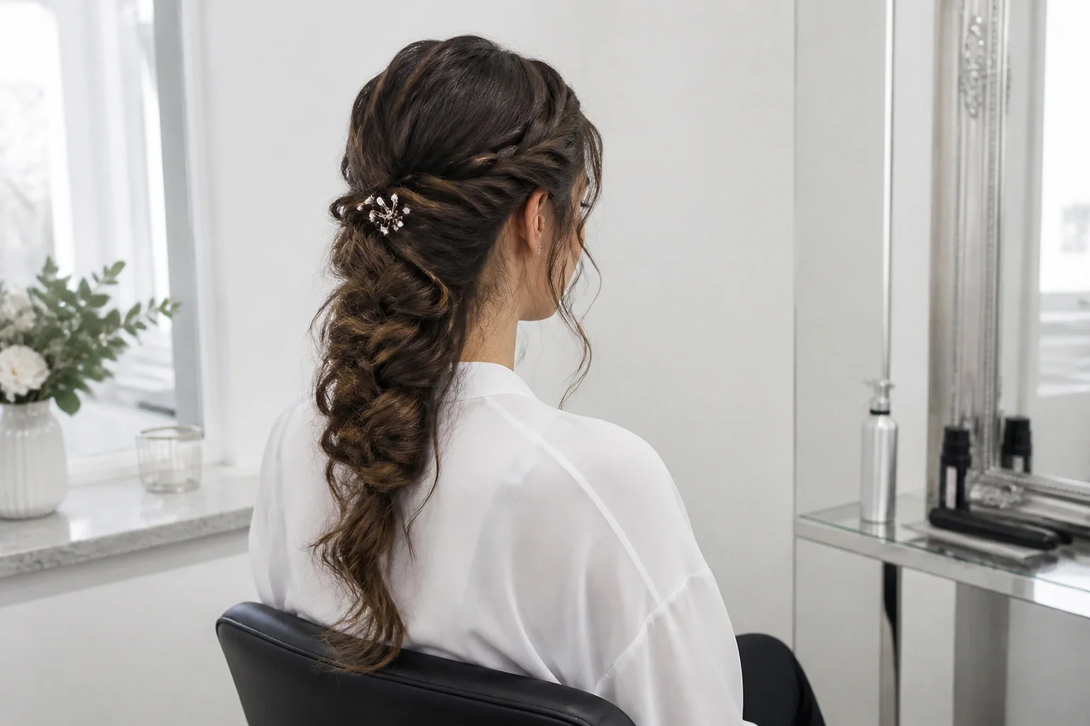 Coiffure de cérémonie vue pendant la préparation — illustration générée par IA