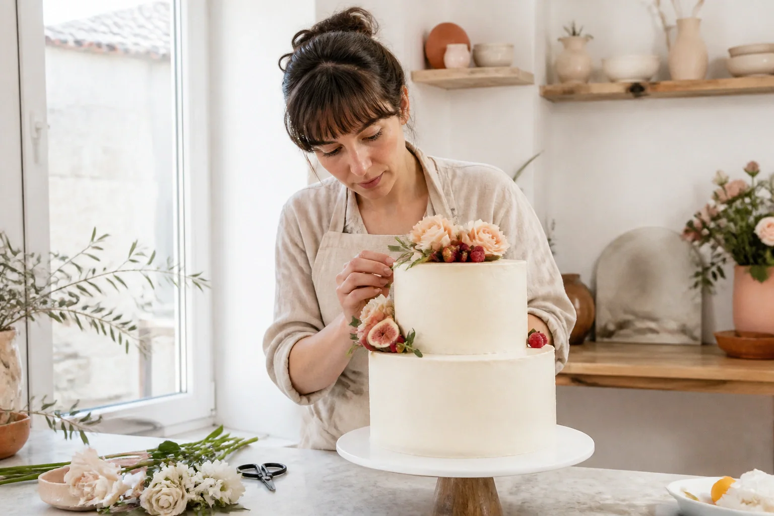 Gâteau de mariage préparé dans un atelier — illustration générée par IA