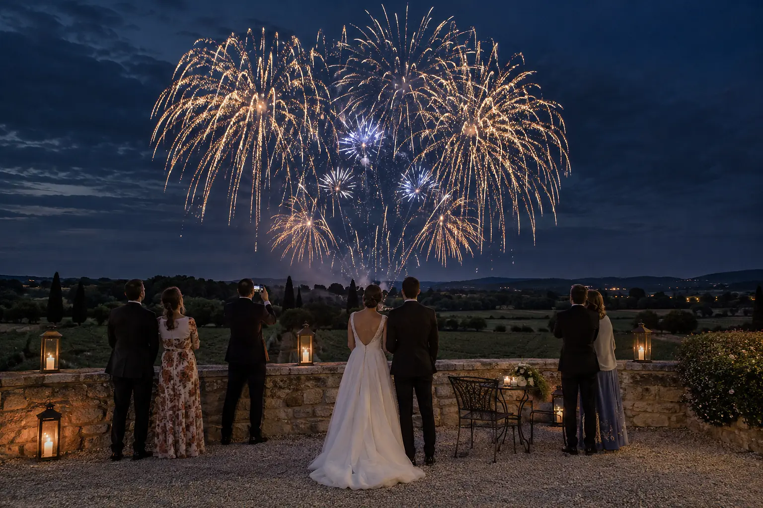 Feu d’artifice doré et bleu au-dessus d’un paysage de réception — illustration générée par IA