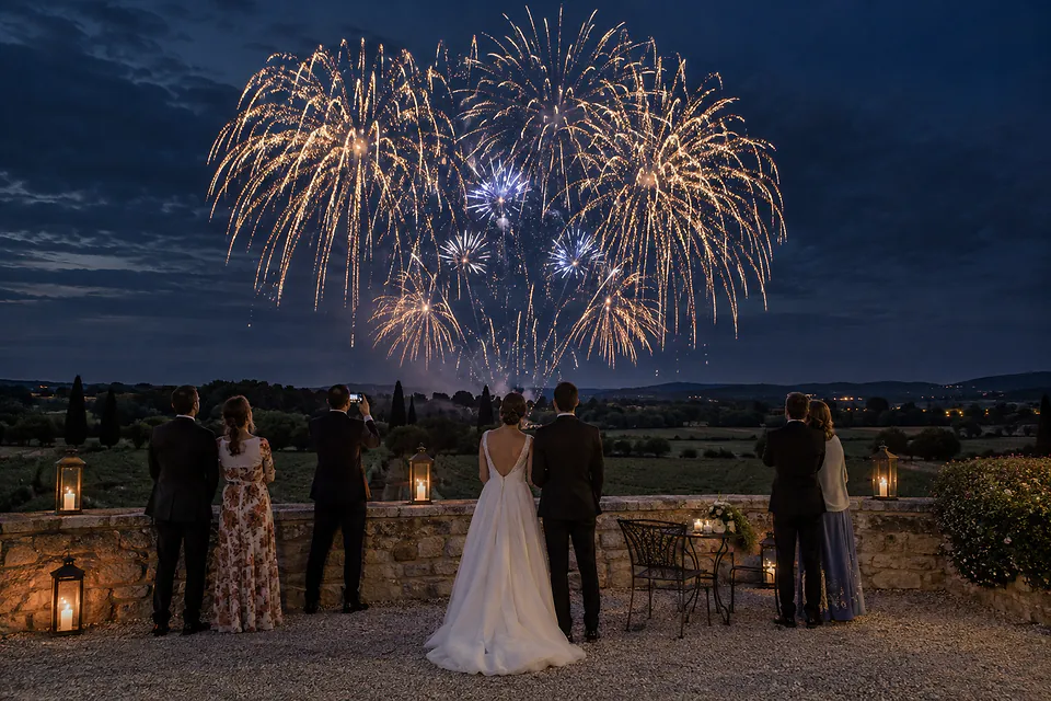 Feu d’artifice doré et bleu au-dessus d’un paysage de réception — illustration générée par IA