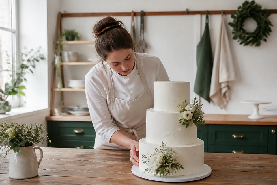 Gâteau de mariage préparé dans un atelier — illustration générée par IA