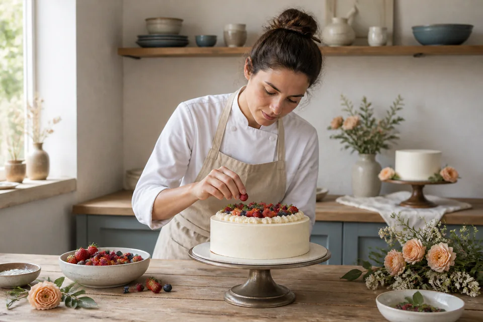 Gâteau de mariage préparé dans un atelier — illustration générée par IA