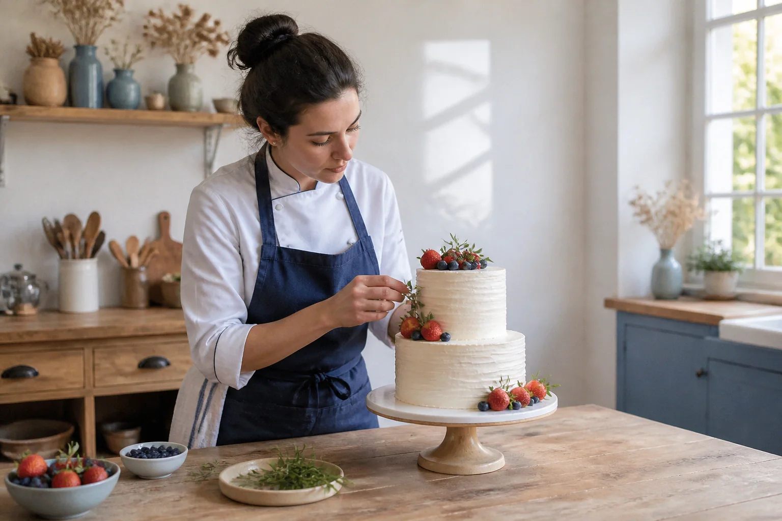 Gâteau de mariage préparé dans un atelier — illustration générée par IA