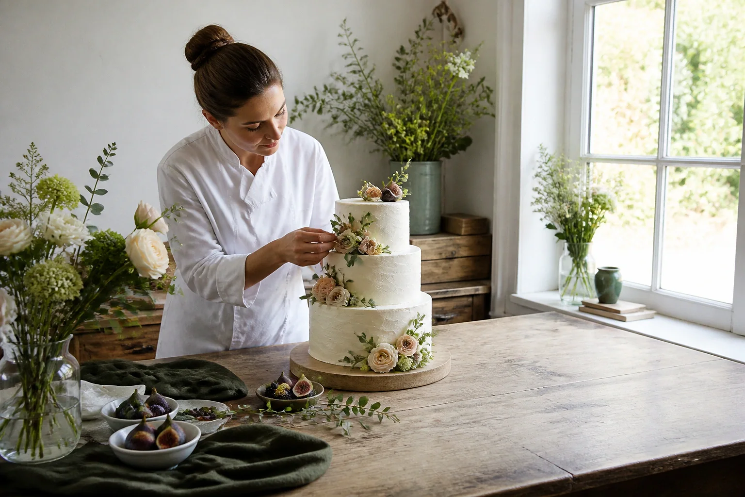 Gâteau de mariage préparé dans un atelier — illustration générée par IA