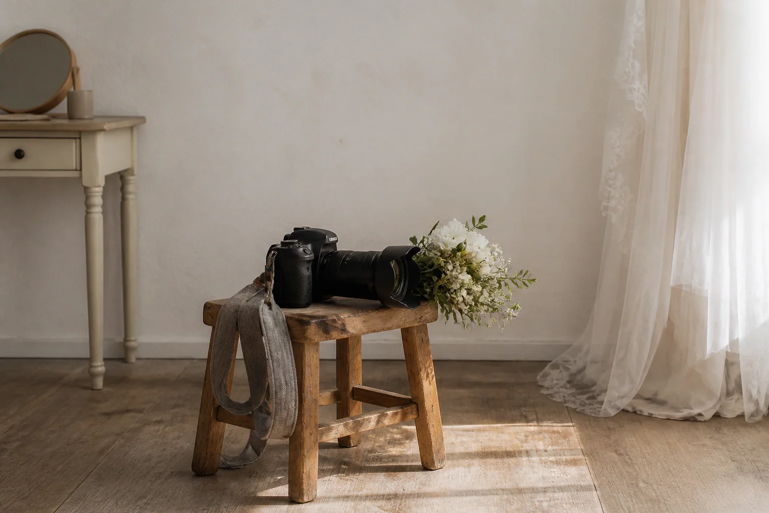 Appareil photo et accessoires de reportage de mariage — illustration générée par IA