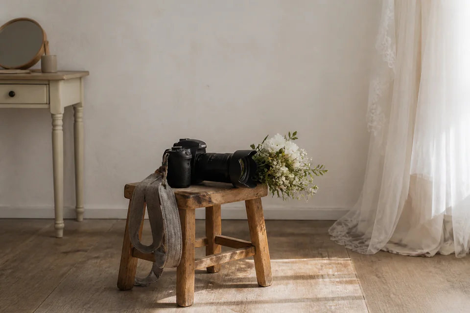 Appareil photo et accessoires de reportage de mariage — illustration générée par IA