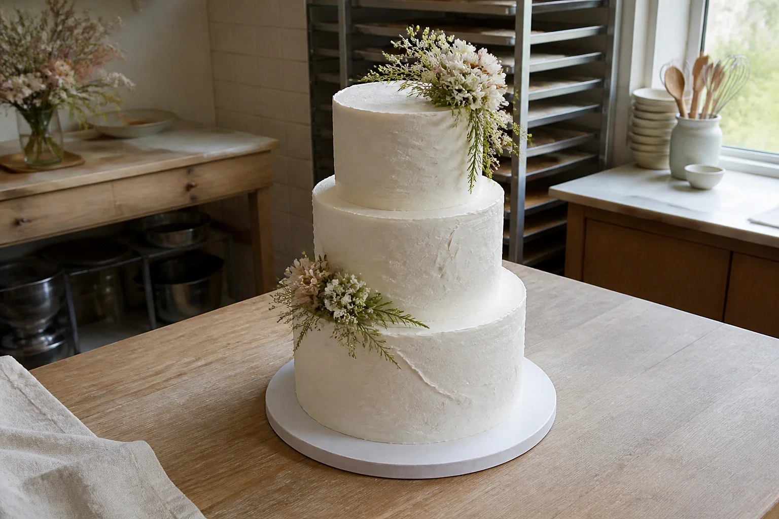 Gâteau de mariage préparé dans un atelier — illustration générée par IA