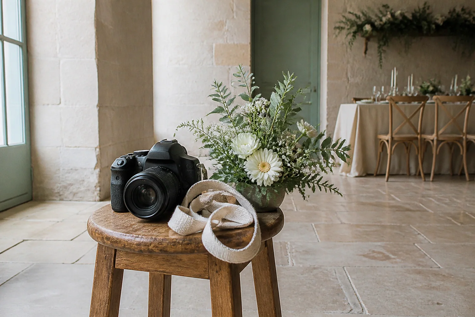 Appareil photo et accessoires de reportage de mariage — illustration générée par IA
