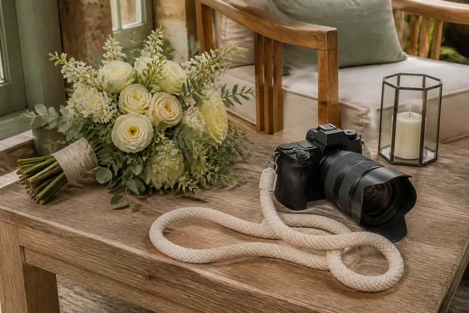 Appareil photo et accessoires de reportage de mariage — illustration générée par IA