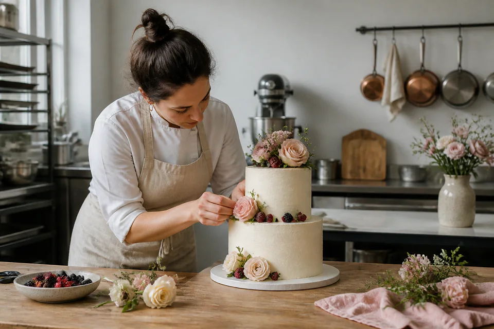 Gâteau de mariage préparé dans un atelier — illustration générée par IA