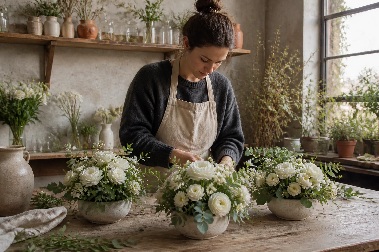 Préparation florale pour un mariage — illustration générée par IA