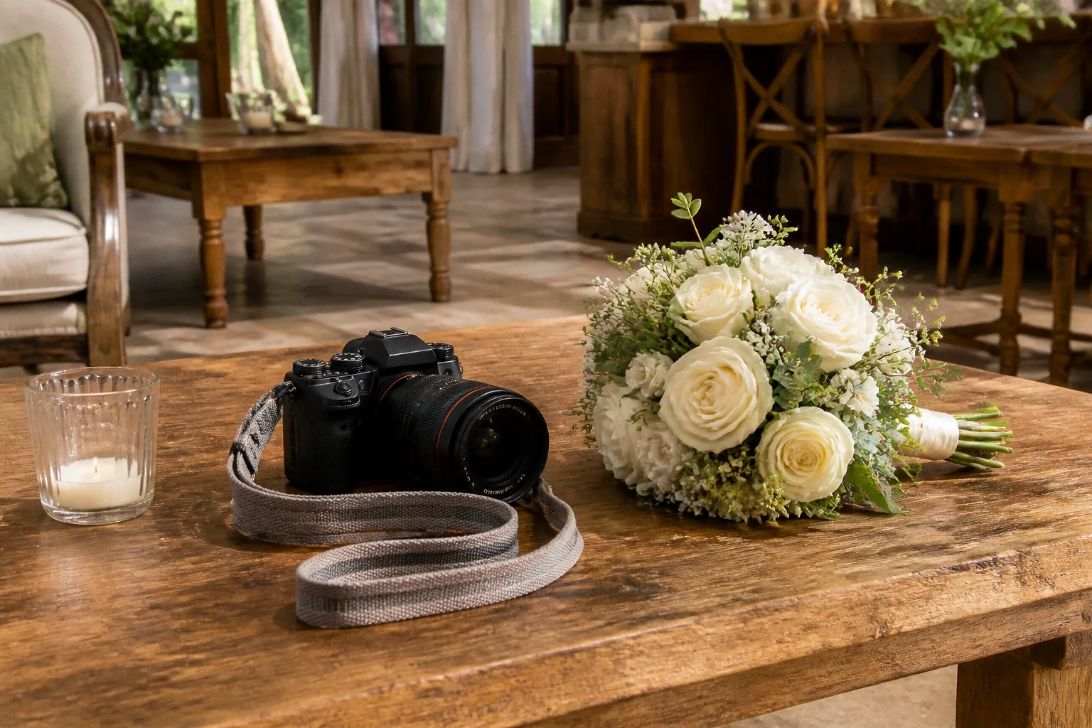 Appareil photo et accessoires de reportage de mariage — illustration générée par IA