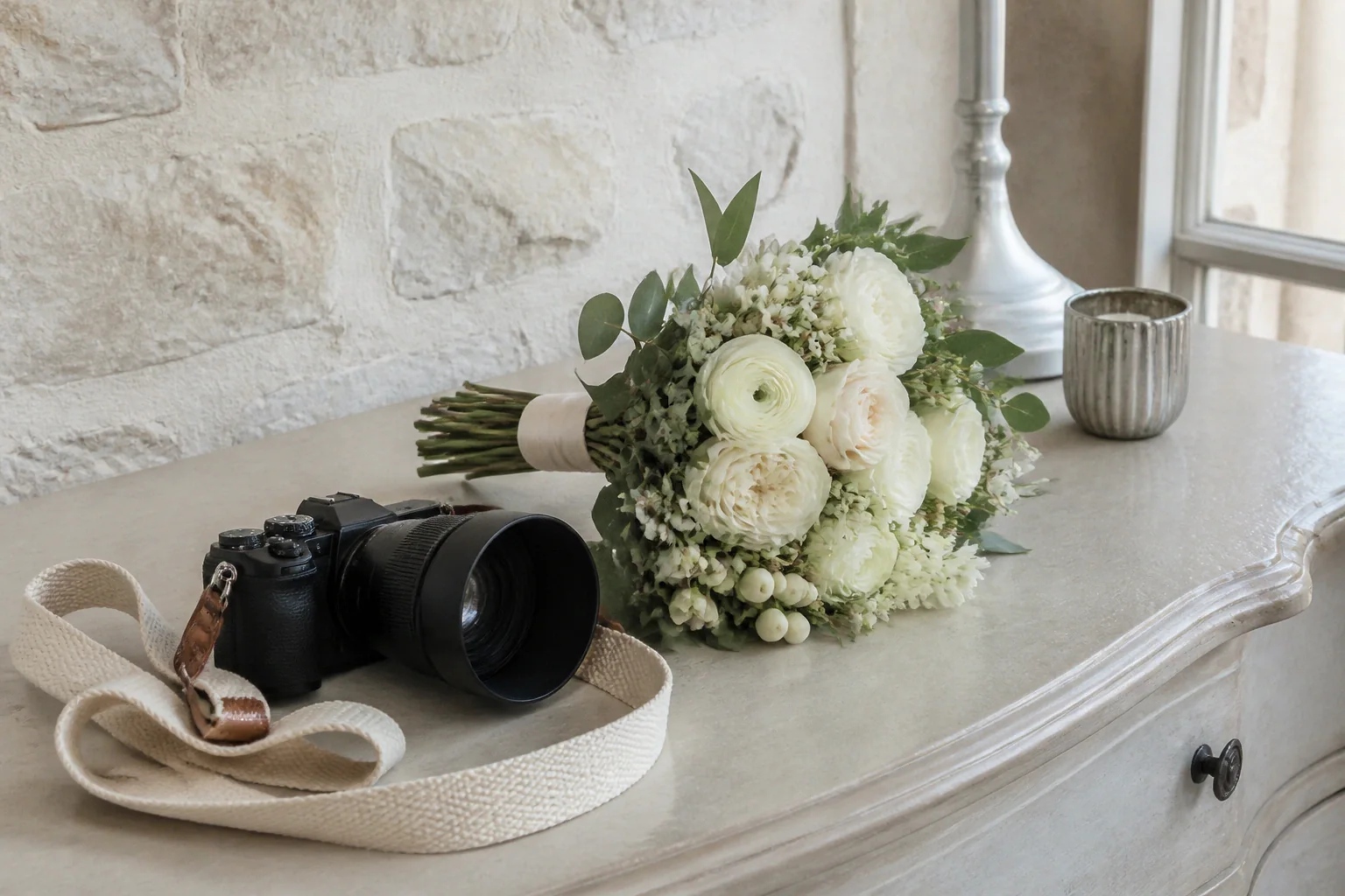 Appareil photo et accessoires de reportage de mariage — illustration générée par IA