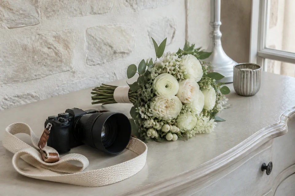 Appareil photo et accessoires de reportage de mariage — illustration générée par IA