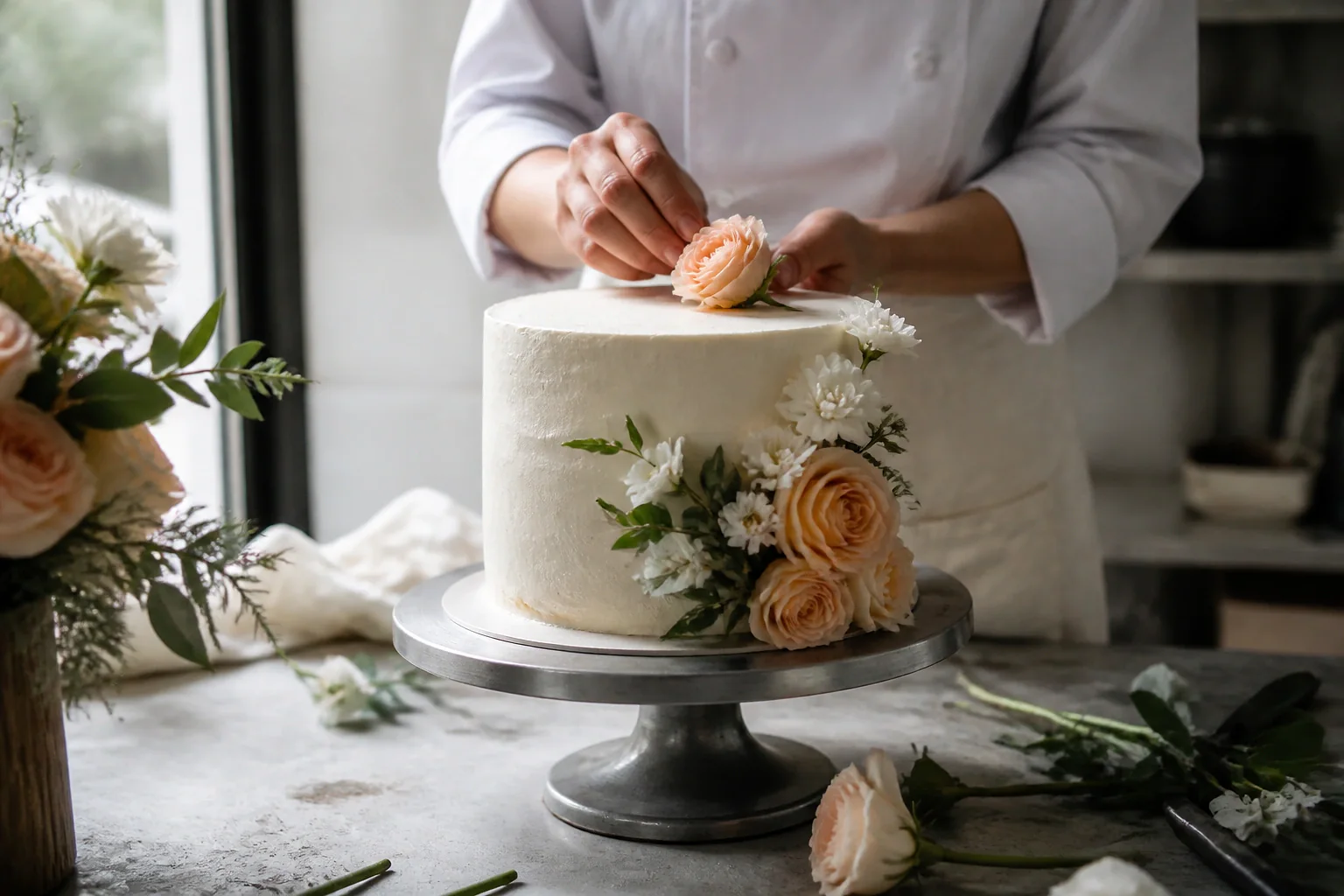 Gâteau de mariage préparé dans un atelier — illustration générée par IA