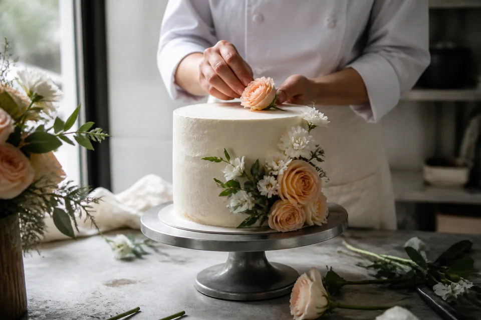 Gâteau de mariage préparé dans un atelier — illustration générée par IA