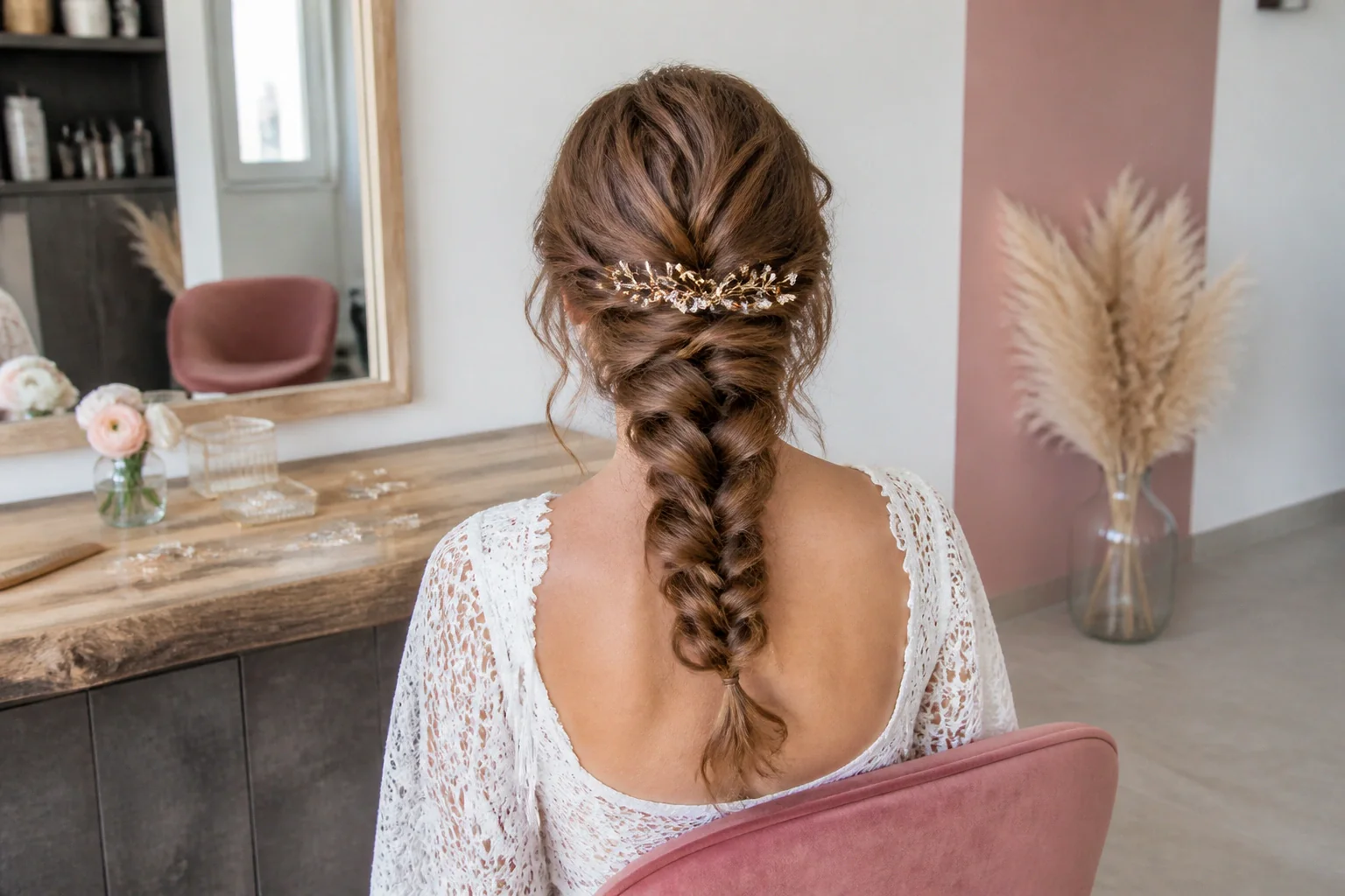 Coiffure de cérémonie vue pendant la préparation — illustration générée par IA