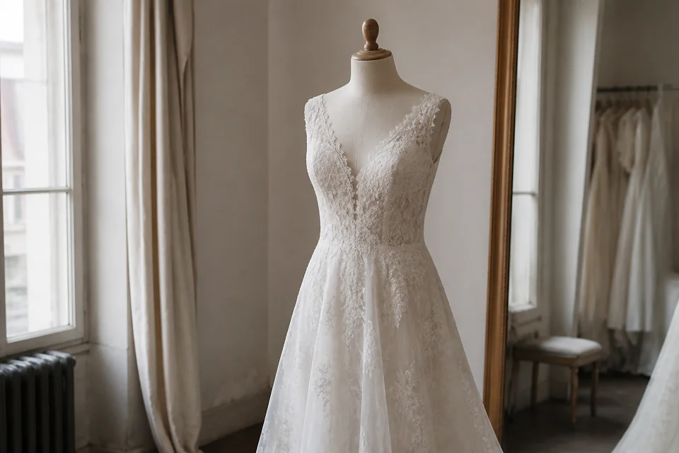 Robe de mariée dans un atelier de confection — illustration générée par IA
