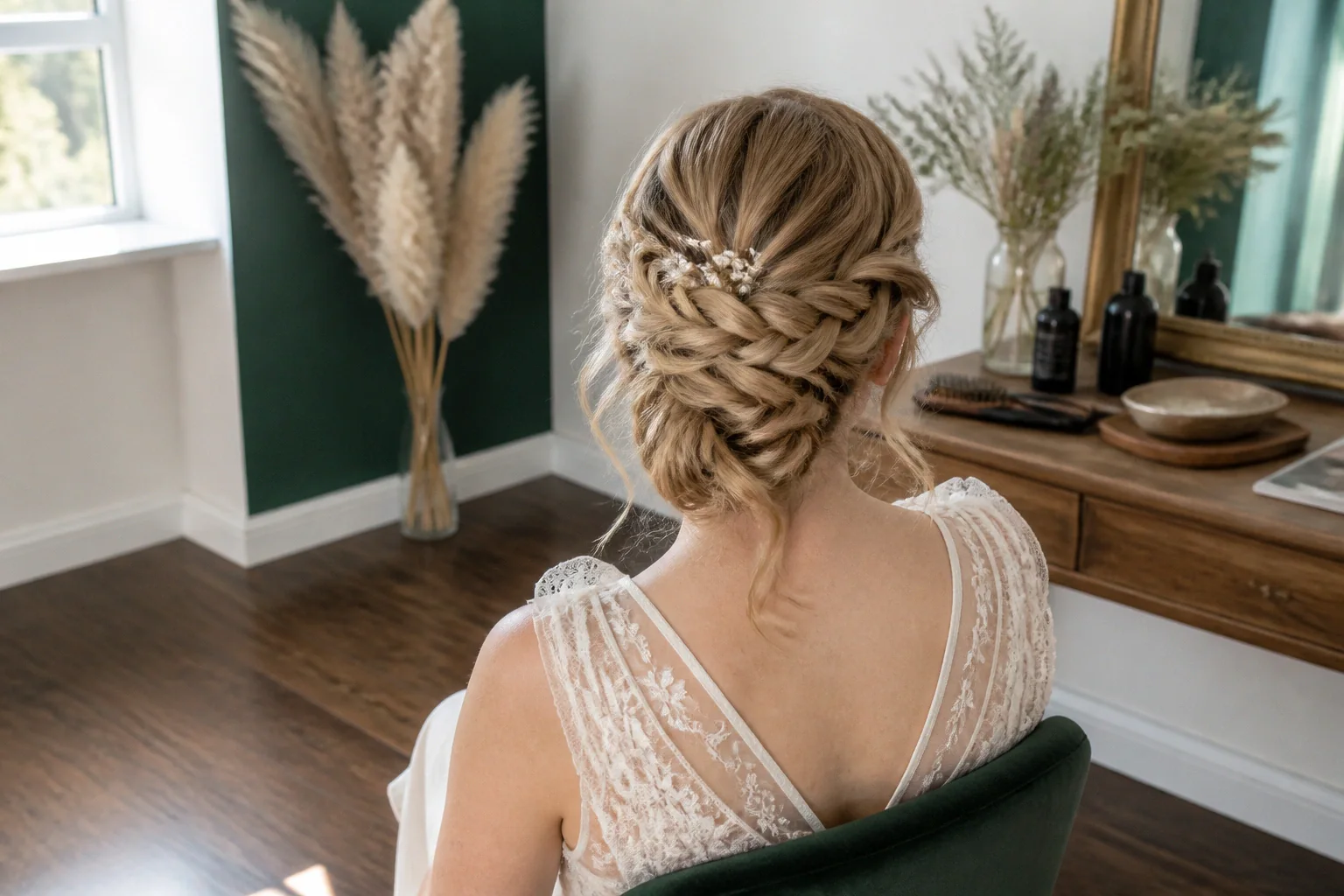 Coiffure de cérémonie vue pendant la préparation — illustration générée par IA