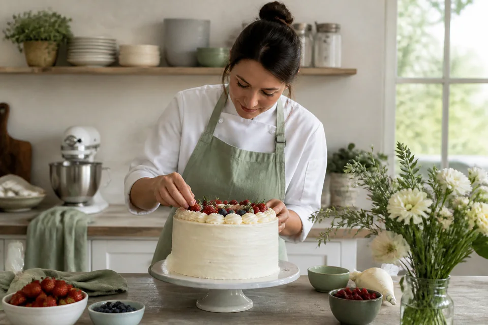 Gâteau de mariage préparé dans un atelier — illustration générée par IA