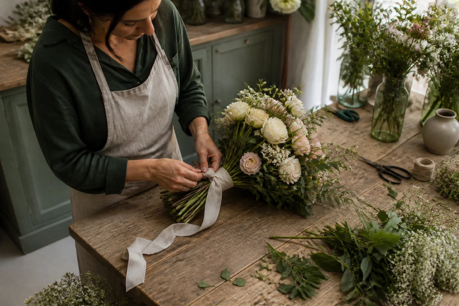 Préparation florale pour un mariage — illustration générée par IA