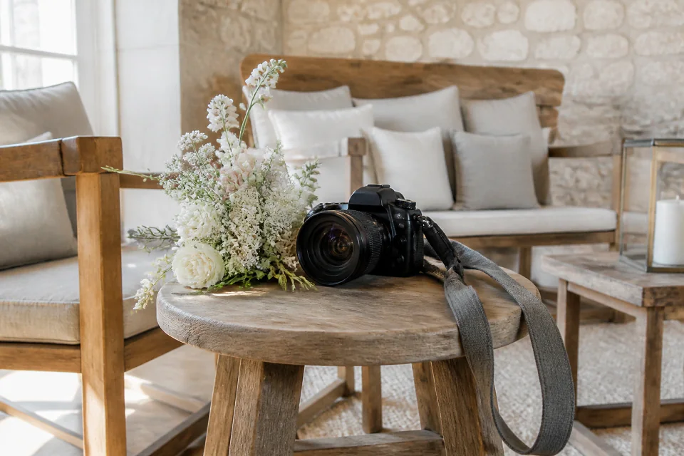 Appareil photo et accessoires de reportage de mariage — illustration générée par IA