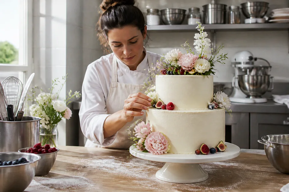 Gâteau de mariage préparé dans un atelier — illustration générée par IA