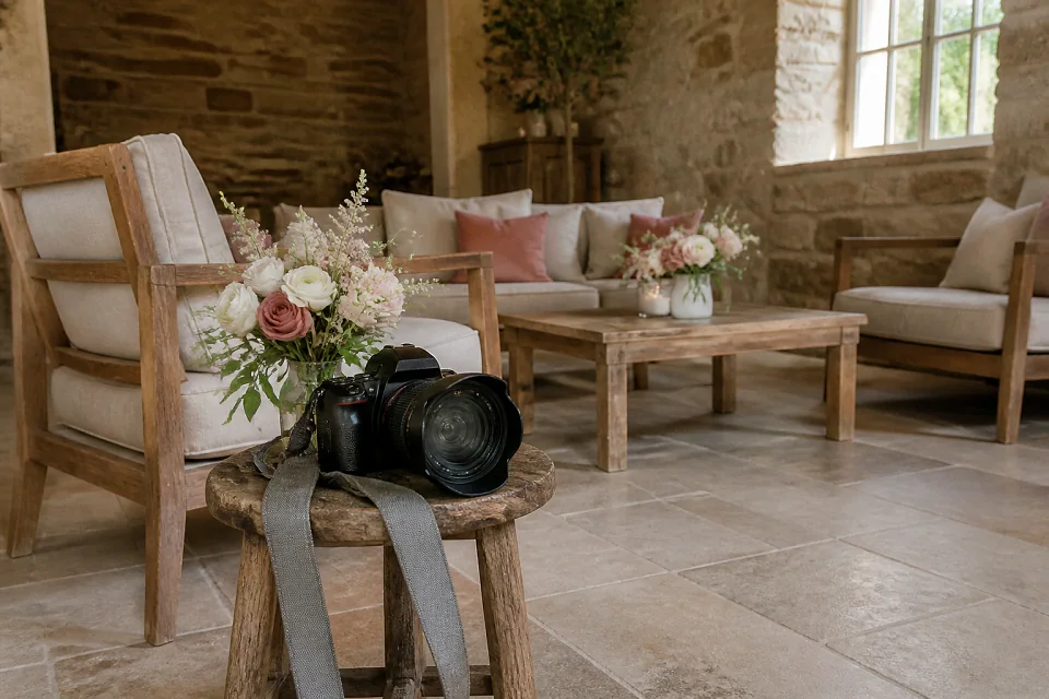 Appareil photo et accessoires de reportage de mariage — illustration générée par IA