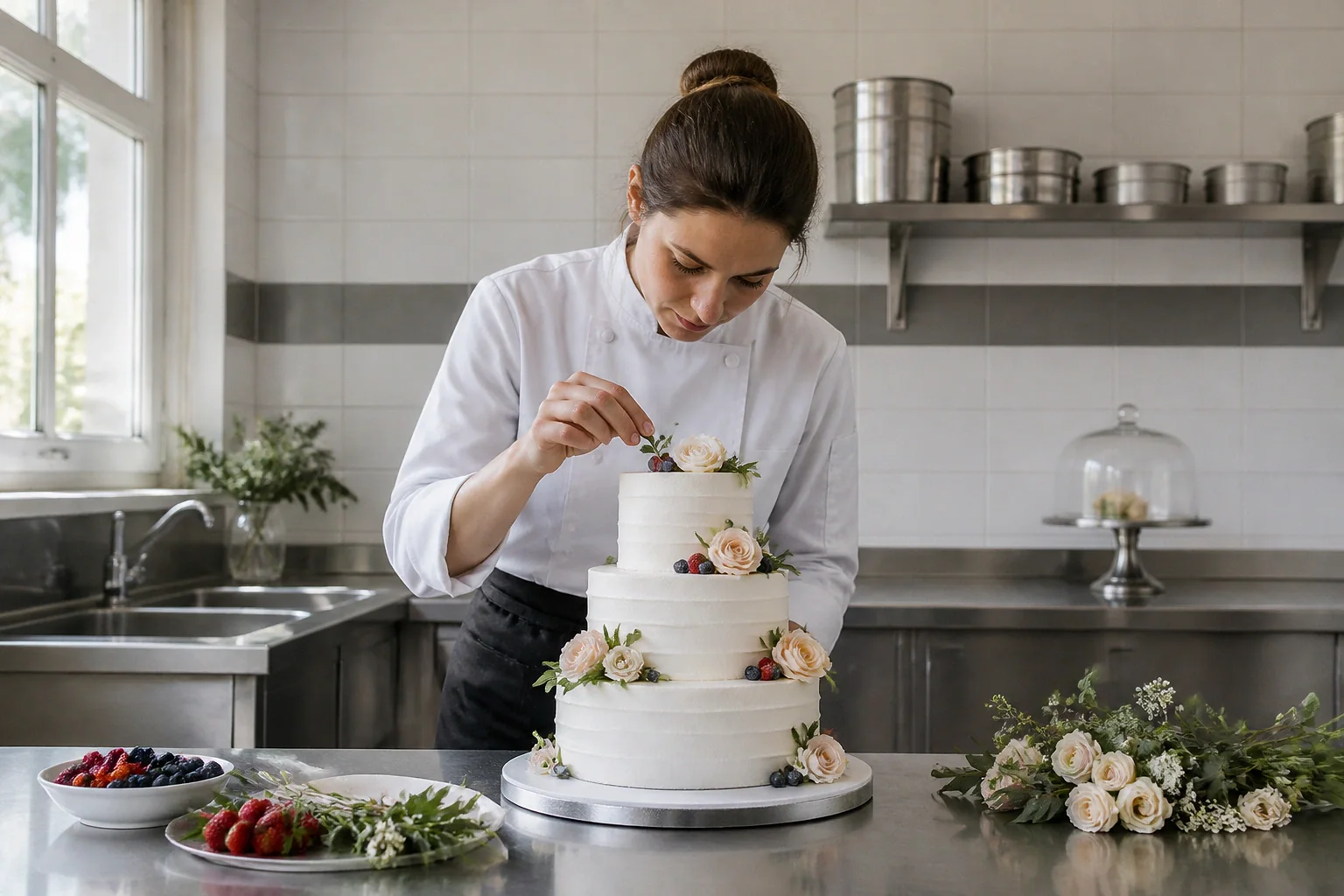 Gâteau de mariage préparé dans un atelier — illustration générée par IA