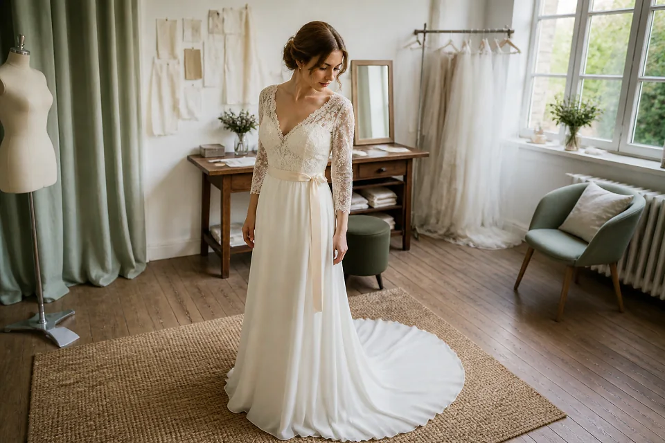 Robe de mariée dans un atelier de confection — illustration générée par IA
