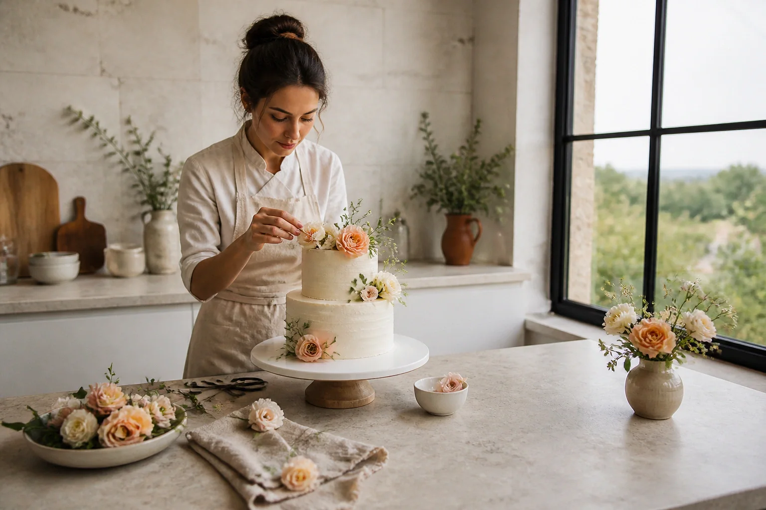 Gâteau de mariage préparé dans un atelier — illustration générée par IA