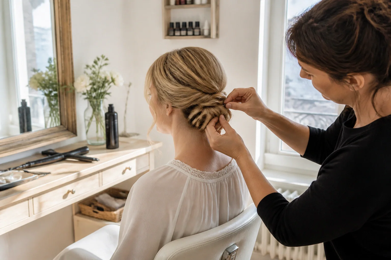 Coiffure de cérémonie vue pendant la préparation — illustration générée par IA