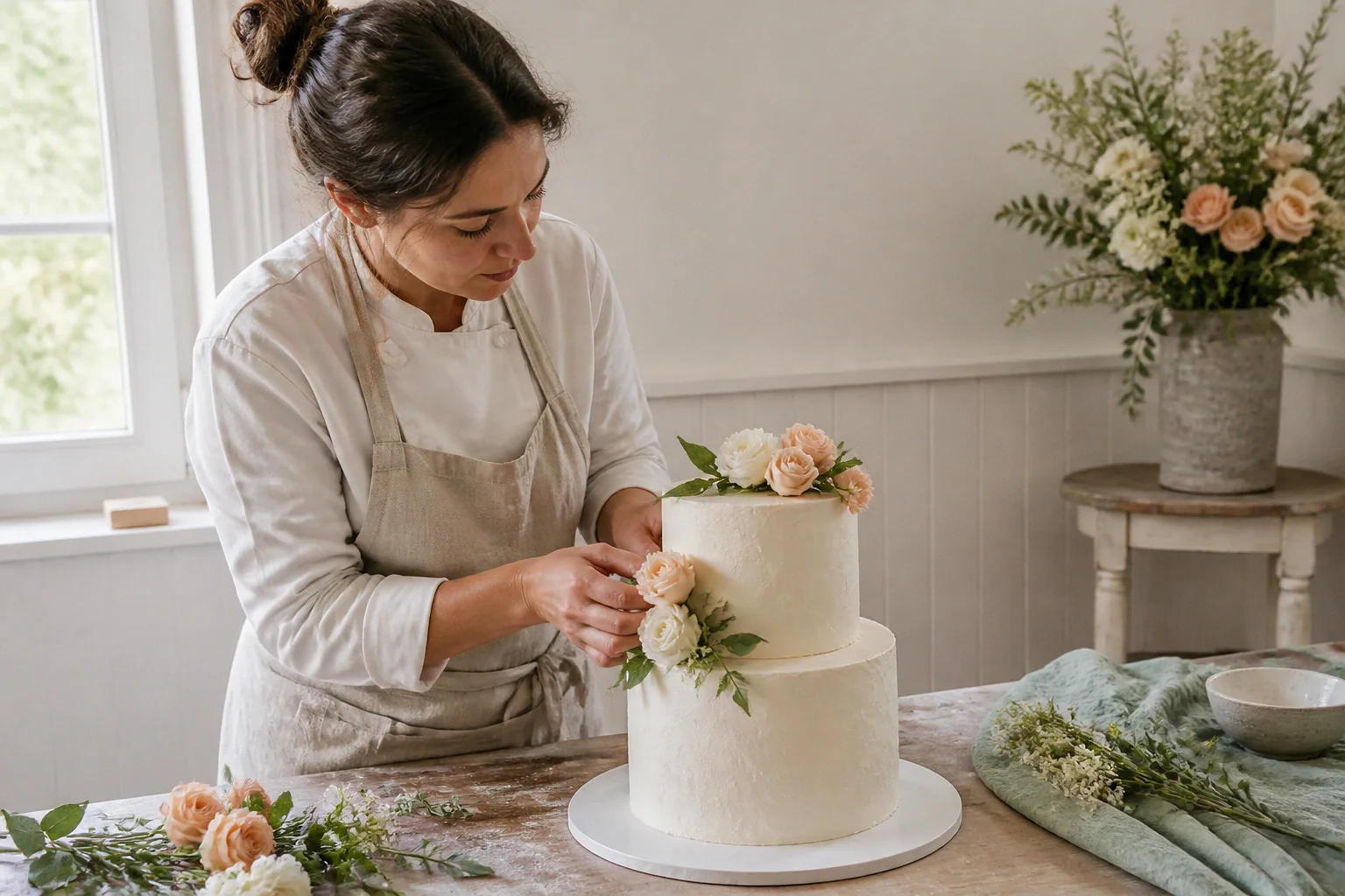 Gâteau de mariage préparé dans un atelier — illustration générée par IA