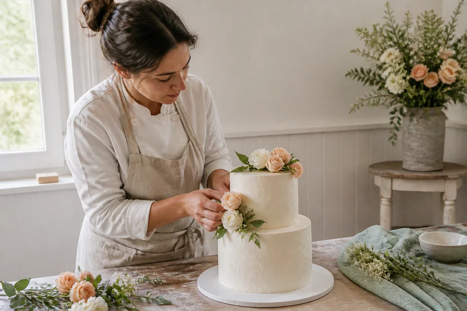 Gâteau de mariage préparé dans un atelier — illustration générée par IA