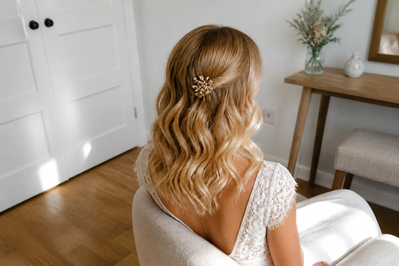 Coiffure de cérémonie vue pendant la préparation — illustration générée par IA