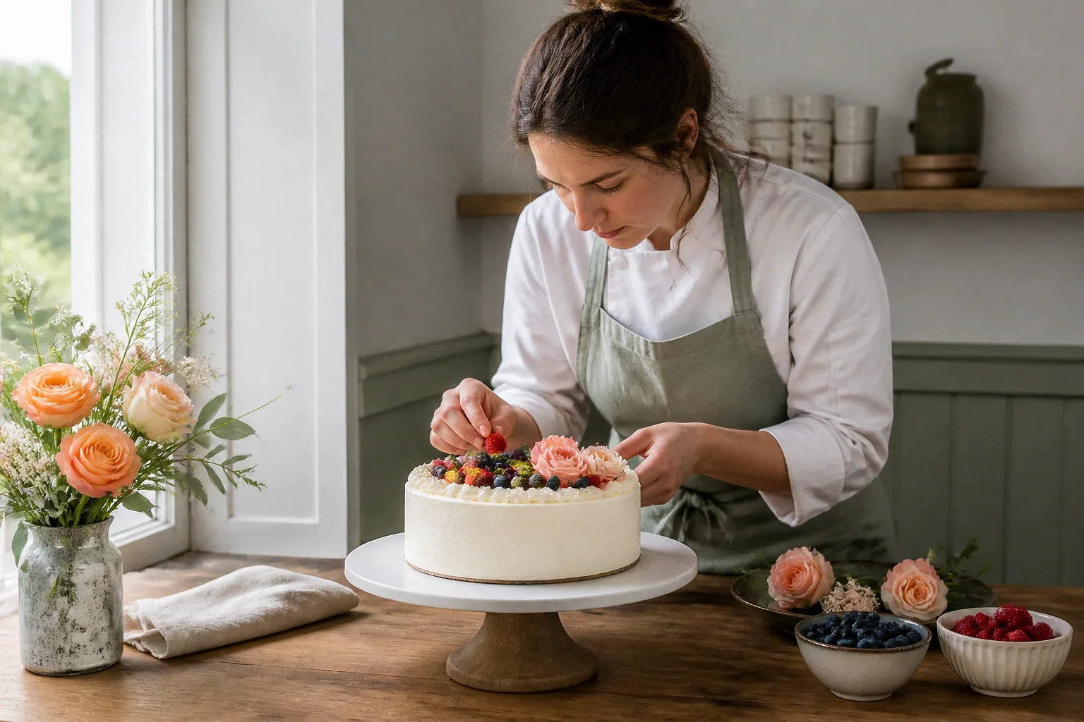Gâteau de mariage préparé dans un atelier — illustration générée par IA