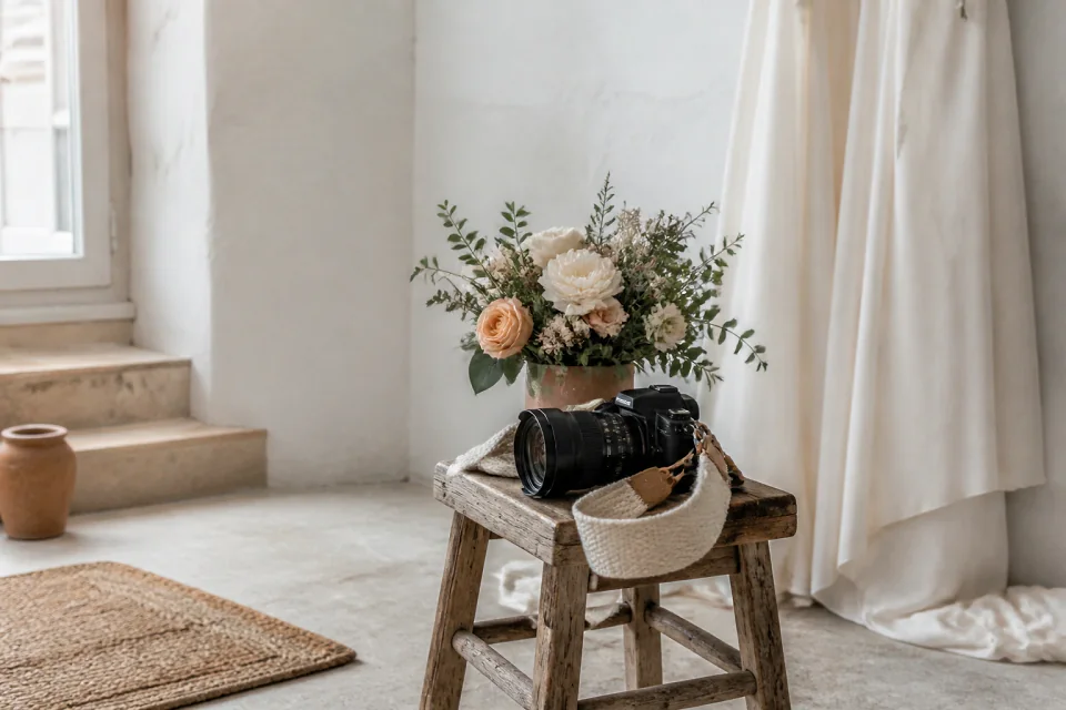 Appareil photo et accessoires de reportage de mariage — illustration générée par IA
