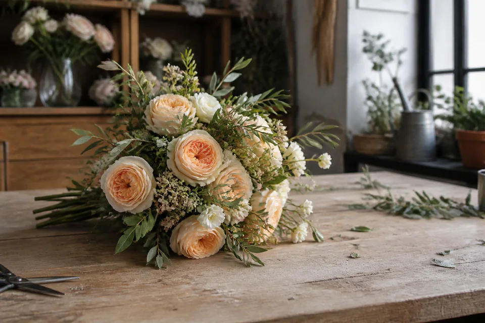 Préparation florale pour un mariage — illustration générée par IA