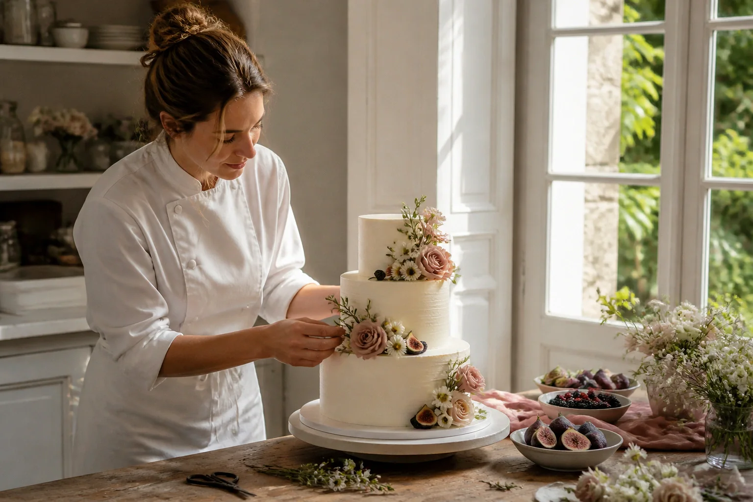 Gâteau de mariage préparé dans un atelier — illustration générée par IA
