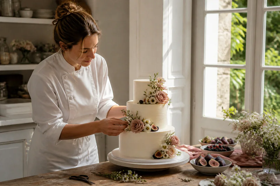 Gâteau de mariage préparé dans un atelier — illustration générée par IA