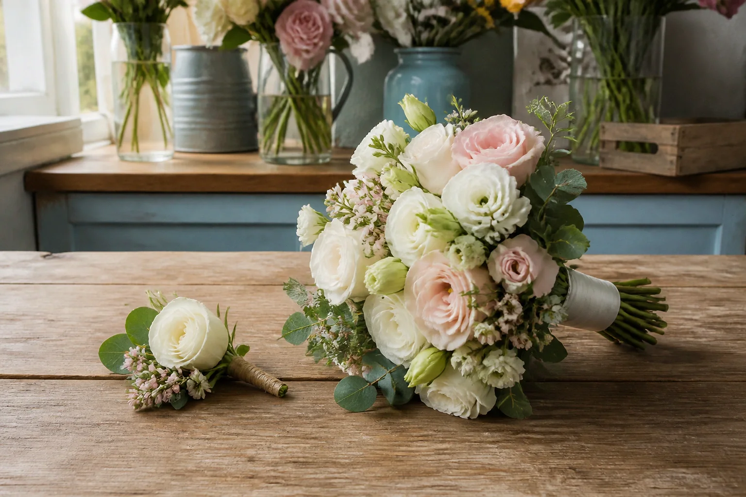 Préparation florale pour un mariage — illustration générée par IA