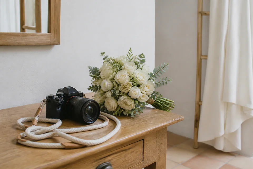 Appareil photo et accessoires de reportage de mariage — illustration générée par IA